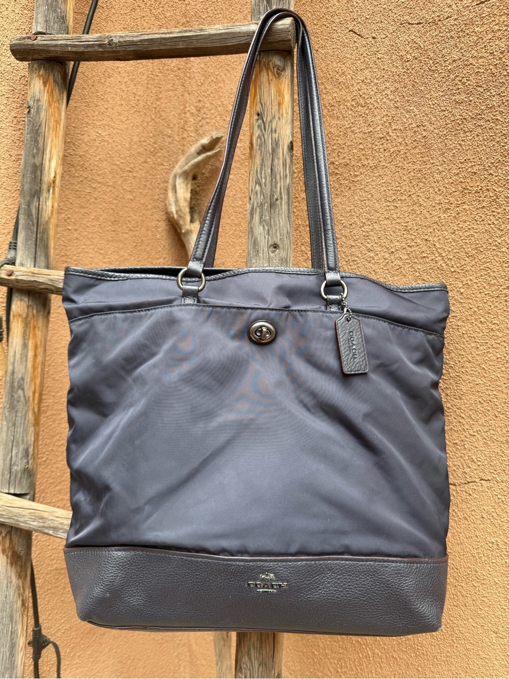 Coach Navy Tote Bag with Leather Trim